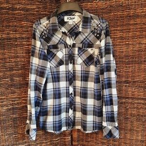 Fox Plaid Studded Button Down Shirt Blue Black Women's Large Logo Fall Racing